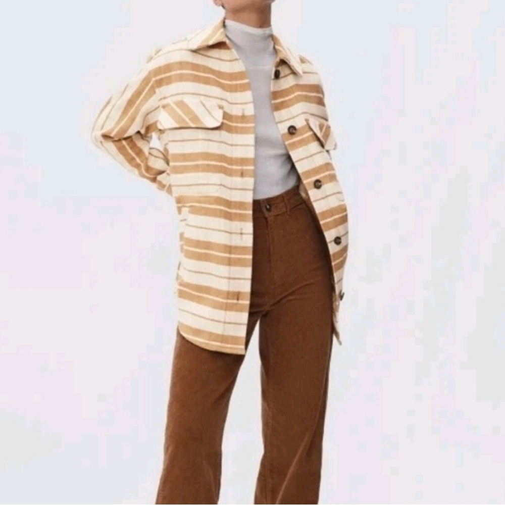 Everlane Beige and Brown Striped Shirt Jacket